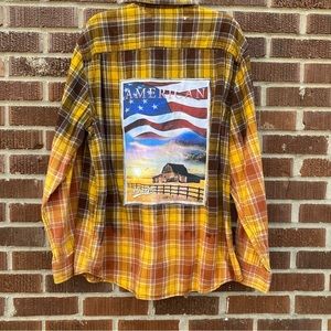 Upcycled bleached with back appliqué button down Mustard Yellow Flannel Sz XL